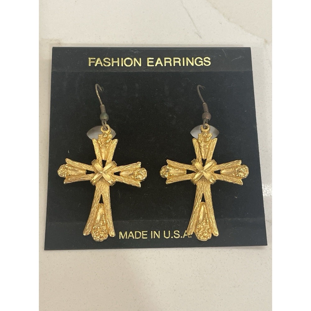 Vintage Rustic Cross Dangle Earrings Goldtone USA Costume Fashion Crucifix New
